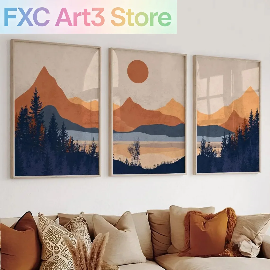 Abstract Canvas Set - 3개/세트 프레임리스, 테라코타 블루 미니멀리스트 풍경