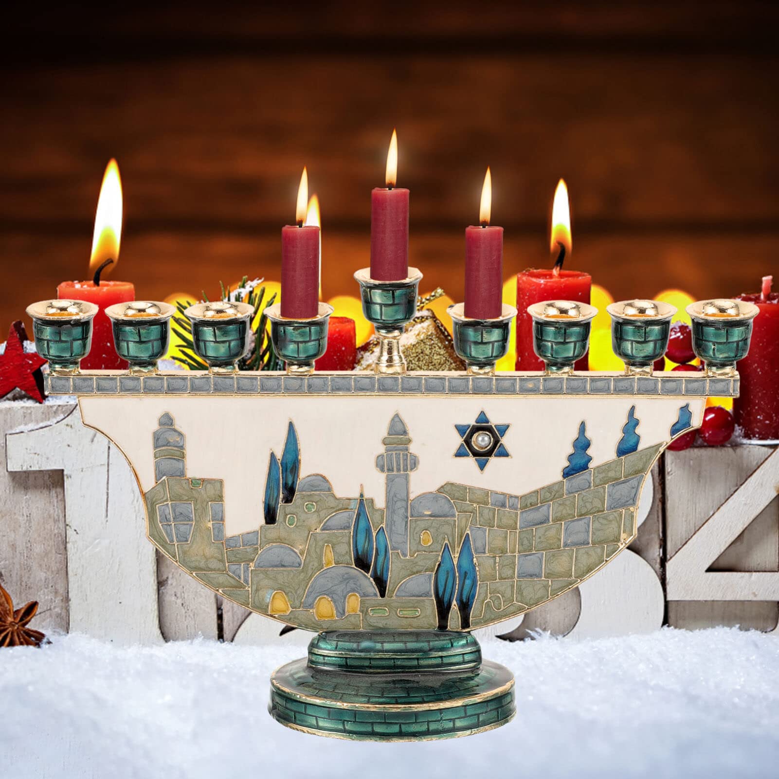 예루살렘 메노라 하누카 촛대 9개 갈래 에나멜 유대교  - Candle Holder Decor 리뷰 및 가격