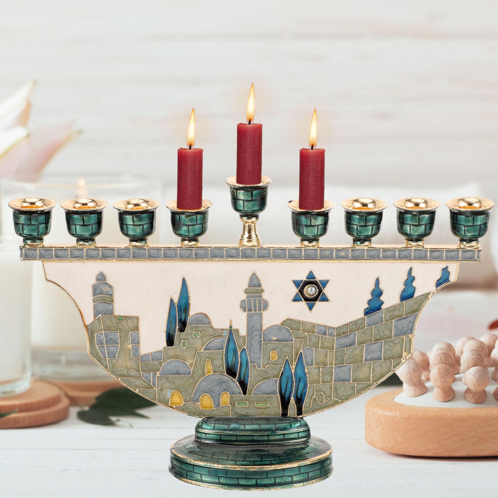 예루살렘 메노라 하누카 촛대 9개 갈래 에나멜 유대교  - Candle Holder Decor 리뷰 및 가격